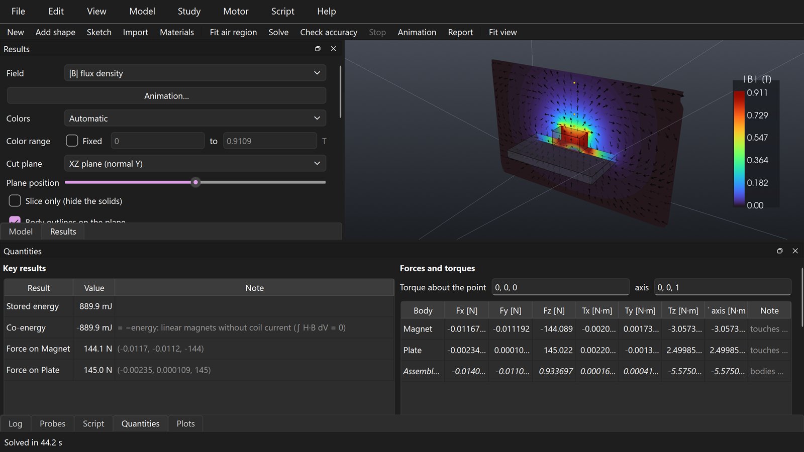 TerreLenzshowing the flux density of a block magnet on a steel plate on a cut plane, with forces and torques per body in the Quantities panel.